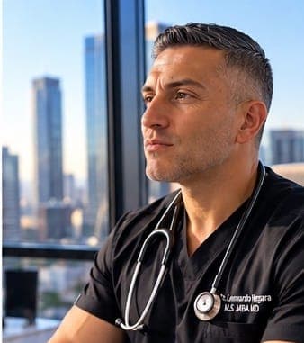 Dr. Leonardo Vergara de perfil, junto a una ventana con vistas a la ciudad.
